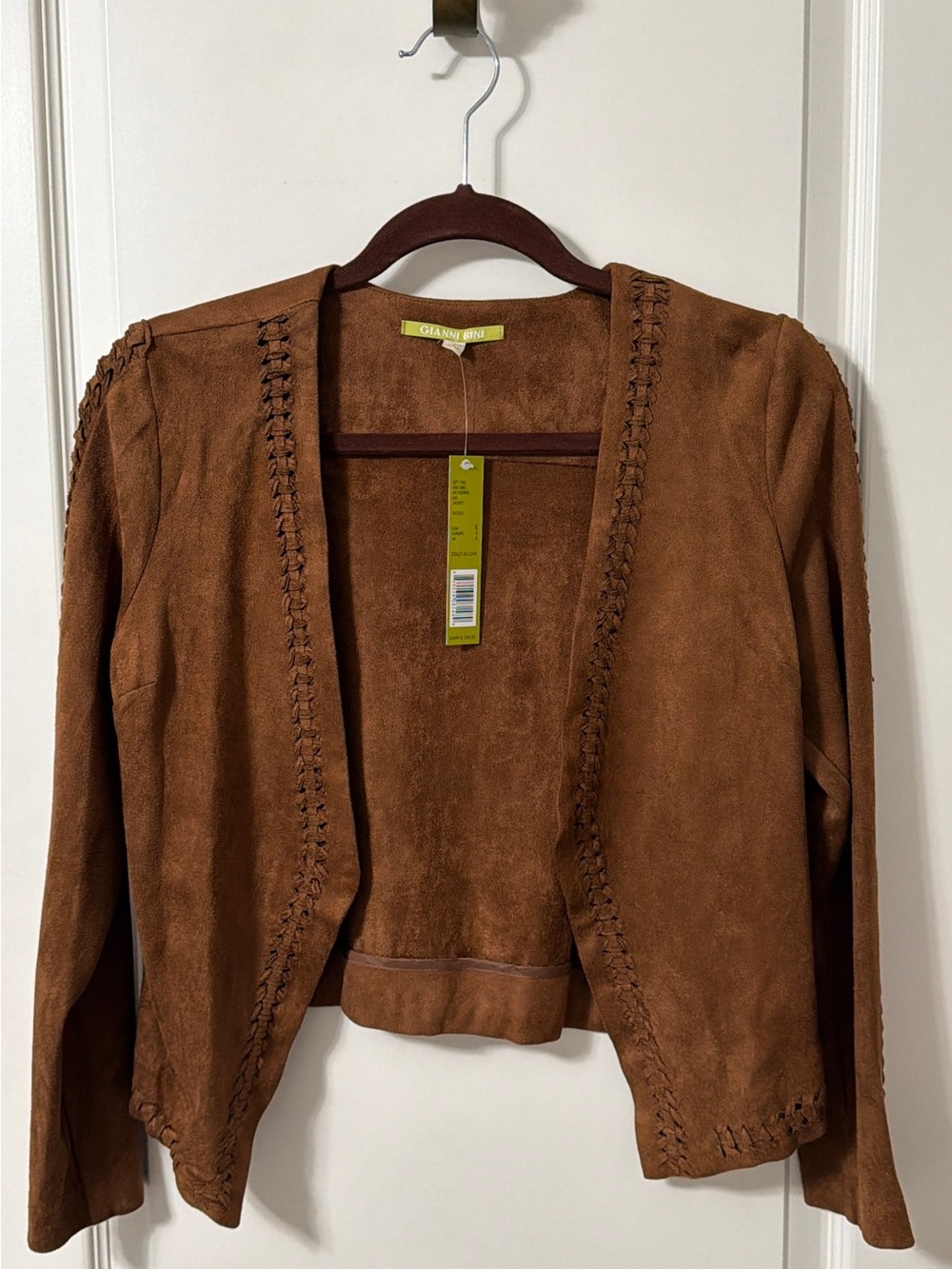 Gianni Bini Brown Faux Suede Open-Front Braided-Trim Jacket Size Small